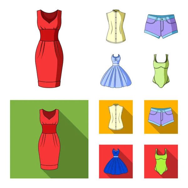 Mujer Ropa de dibujos animados, iconos planos en la colección de conjuntos para design.Clothing Variedades y accesorios vector símbolo stock web ilustración . — Vector de stock