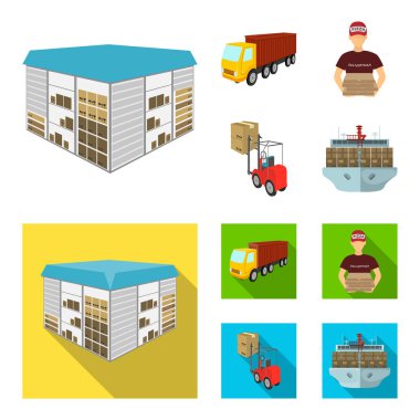 Kamyon, kurye, pizza, forklift, depo teslimi için. Lojistik ve teslim çizgi film, düz stil izometrik vektör simge stok çizim web simgeler ayarla.