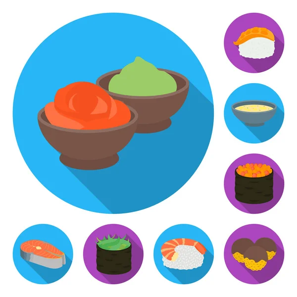 Sushi y condimentos iconos planos en la colección de conjuntos para el diseño. Alimentos de mariscos, accesorio vector símbolo stock web ilustración . — Vector de stock