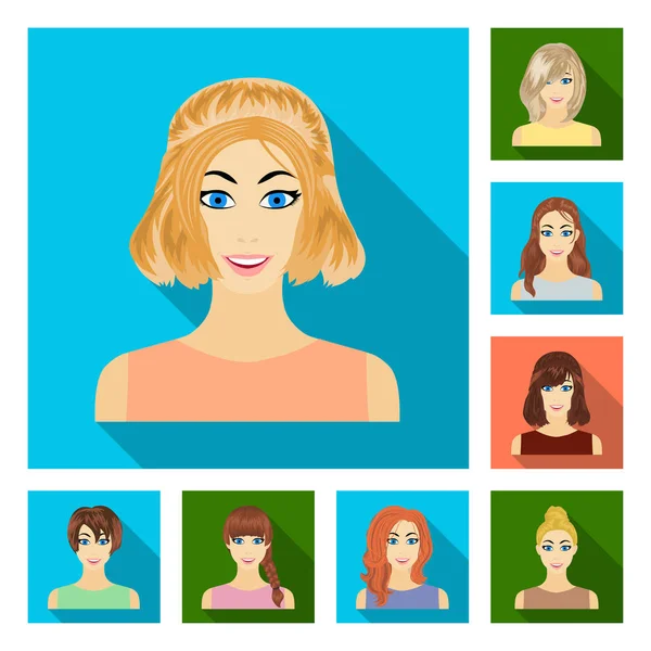 Tipos de peinados femeninos iconos planos en colección de conjuntos para el diseño. Apariencia de una mujer vector símbolo stock web ilustración . — Archivo Imágenes Vectoriales