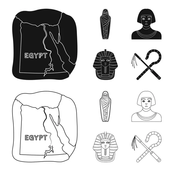 Hajlított és hadonászik, egy arany maszk, az egyiptomi, a múmia a sírban. Ókori Egyiptom készlet gyűjtemény ikonok-ban fekete, vázlat stílusú vektor stock illusztráció web szimbólum. — Stock Vector