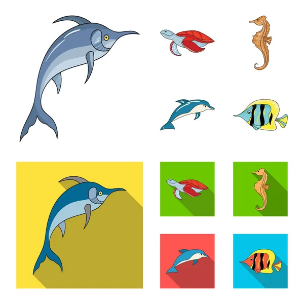 Merlin, turtle and other species.Sea animals set collection icons in cartoon,flat style vector symbol stock illustration web. — Stock Vector