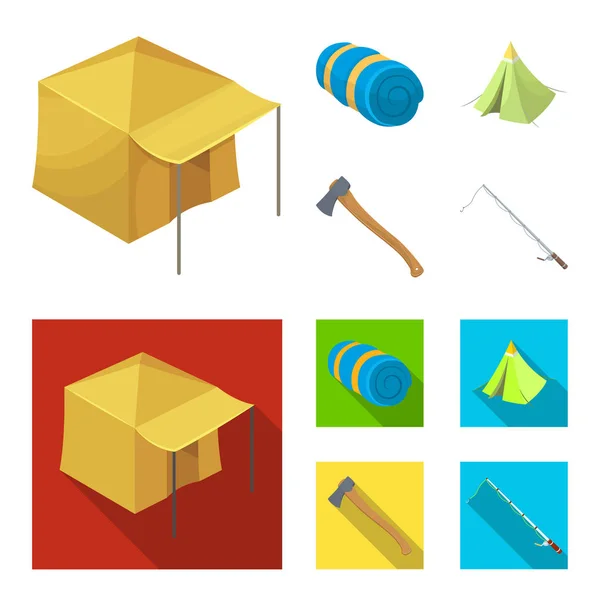 Tienda con toldo, hacha y otros accesorios.Conjunto de carpa iconos de la colección en la historieta, el estilo plano vector símbolo stock ilustración web . — Vector de stock