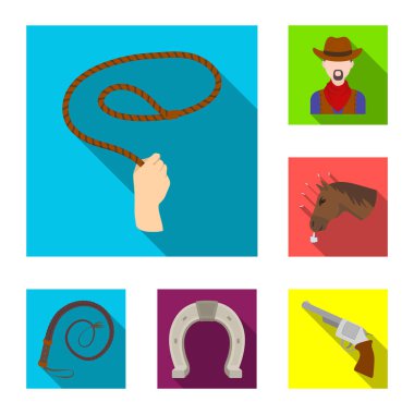 Rodeo, rekabet düz set koleksiyonu tasarım için simgeler. Kovboy ve ekipman sembol stok web illüstrasyon vektör.