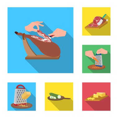 Yemek yemek düz simgeler set koleksiyonu tasarım için. Mutfak, cihazlar ve sembol stok web illüstrasyon vektör.