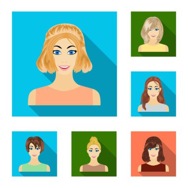 Kadın saç modelleri türleri set koleksiyonu tasarım için simgeleri düz. Bir kadın vektör simge stok web illüstrasyon görünümünü.