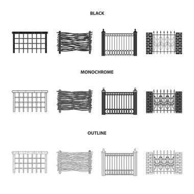 Metal ve tuğla, ahşap çit çit. Farklı bir çit koleksiyonu Icons set siyah, tek renkli, anahat stili vektör simge stok çizim web.