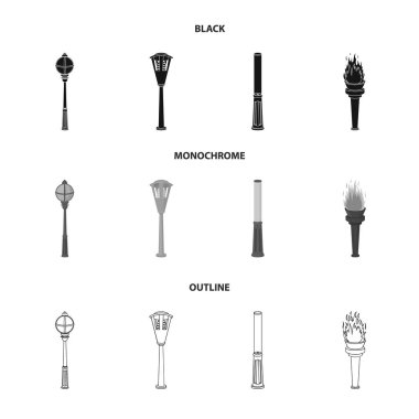 Retro tarzı, modern fener, meşale ve diğer tip-in sokak sokak lâmbası direği. Elektrik direği koleksiyonu Icons set siyah, tek renkli, anahat stili vektör simge stok çizim web.