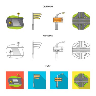 Yön işaretleri ve diğer web simgesi karikatür, anahat, düz stil. Yol kavşak ve işaretler simgeler kümesi koleksiyonundaki.
