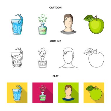 Bir bardak su, bir şişe alkol, terleme bir adam, bir elma. Diabeth koleksiyonu Icons set çizgi film, anahat, düz stil vektör simge stok çizim web.