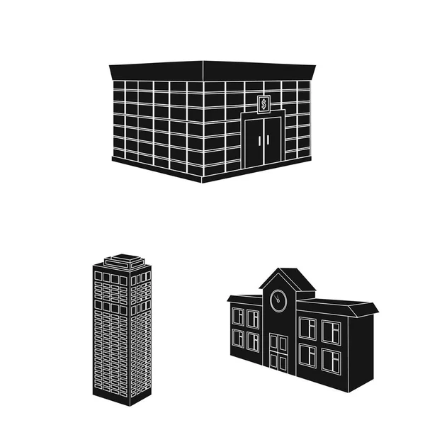 Κτίριο και αρχιτεκτονική μαύρο εικονίδια στη συλλογή σετ για σχεδιασμό. Το κτήριο και την κατοικία εικονογράφηση φορέα ισομετρική σύμβολο μετοχής web. — Διανυσματικό Αρχείο