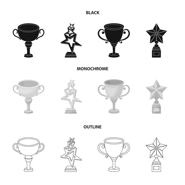 Copa de plata para el segundo lugar, estrellas de oro en el stand, una taza con una estrella, una copa de oro.Premios y trofeos conjunto de iconos de la colección en negro, monocromo, contorno estilo vector símbolo stock ilustración web . — Archivo Imágenes Vectoriales