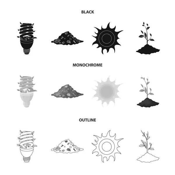 Una lámpara ecológica, el sol, un vertedero de basura, un brote de la tierra.Bio y ecología establecen iconos de colección en negro, monocromo, contorno estilo vector símbolo stock ilustración web . — Vector de stock