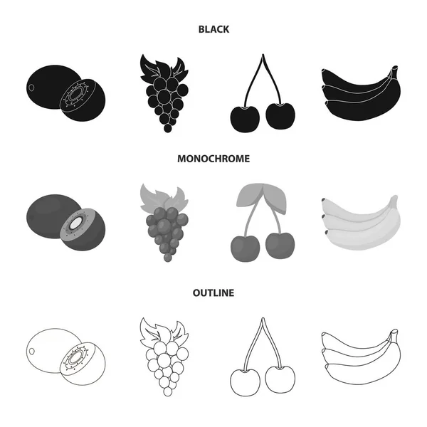 Kiwi Raisin Cerise Banane Fruits Ensemble Icônes Collection Noir Monochrome — Image vectorielle