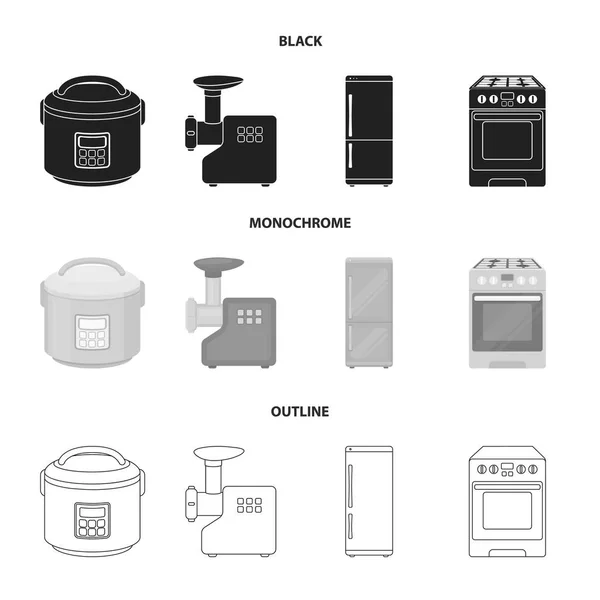 Multivarka, réfrigérateur, hachoir à viande, cuisinière à gaz.Icônes de collection en noir, monochrome, style contour vectoriel symbole illustration web . — Image vectorielle