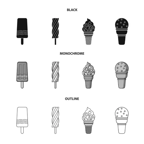 Sorvete em um pau, em um cone de waffle e outras espécies. Conjunto de sorvete ícones de coleção em preto, monocromático, estilo esboço vector símbolo ilustração web . — Vetor de Stock