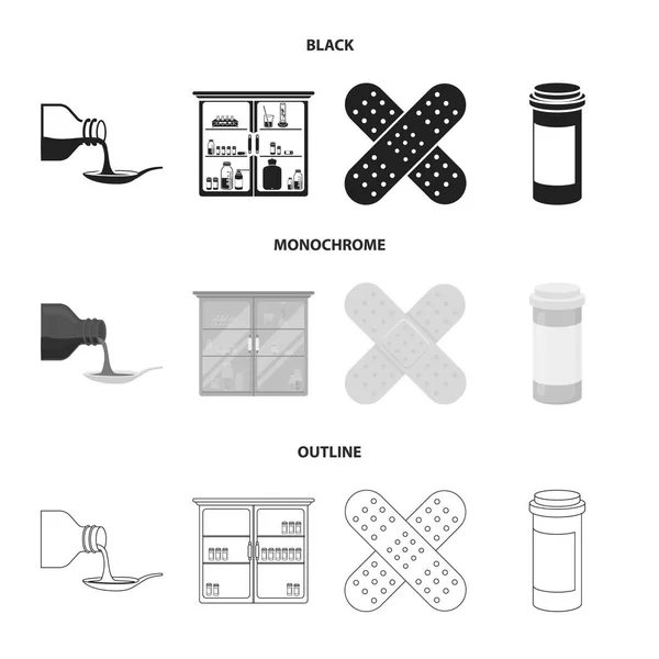 Jarabe en una cuchara, yeso, miel, gabinet.Medicine médica conjunto colección iconos en negro, monocromo, contorno estilo vector símbolo stock ilustración web . — Vector de stock