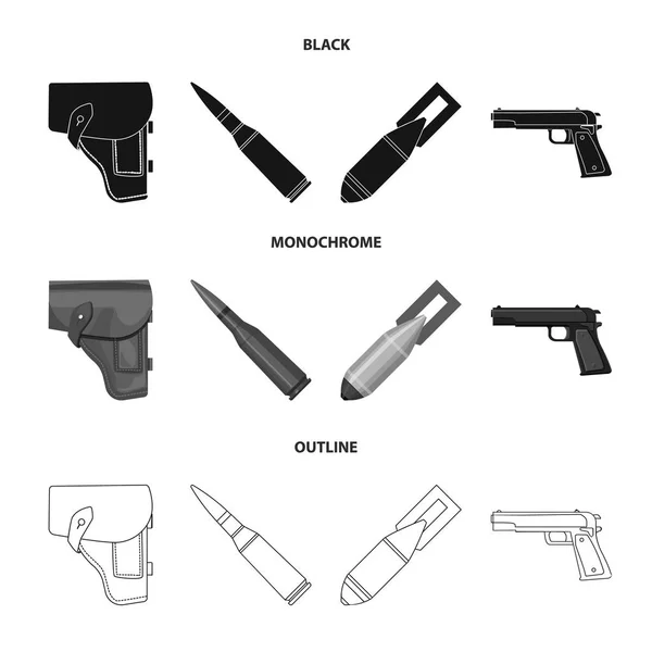 Holster, Patrone, Luftbombe, Pistole. Militär und Armee setzen Sammlungssymbole in schwarz, monochrom, Umriss Stil Vektor Symbol Stock Illustration Web. — Stockvektor