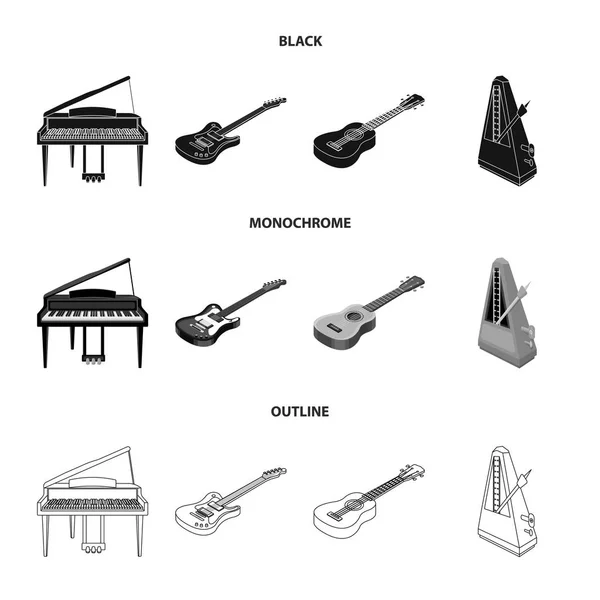 Musikinstrument schwarz, monochrom, Umrisssymbole in Set-Kollektion für Design. Saiten- und Blasinstrument isometrisches Vektor-Symbol Stock Web Illustration. — Stockvektor