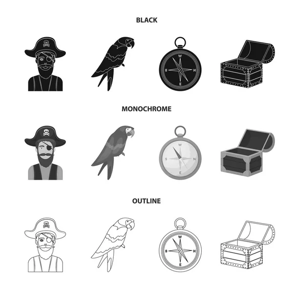 Pirate, bandit, chapeau, bandage .Pirates mis icônes collection en noir, monochrome, contour de style vectoriel symbole illustration web . — Image vectorielle