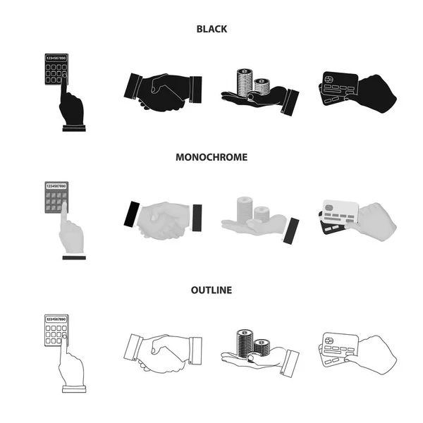 Calculator, handshake and other web icon in black,monochrome,outline style.a stack of coins on the palm, credit cards icons in set collection. — Stock Vector