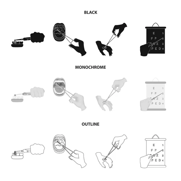 Soins dentaires, traitement des plaies et autres icônes web en noir, monochrome, traitement contour style.oral, icônes de test de la vue dans la collection set . — Image vectorielle