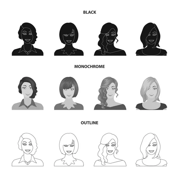 Utseendet på en kvinna med en frisyr, i ansiktet av en flicka. Ansikte och utseende som samling ikoner i disposition stil vektor symbol stock illustration web, svart, svartvitt. — Stock vektor