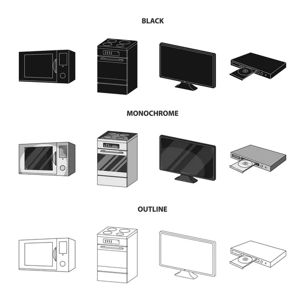 Háztartási gépek és berendezések fekete, fekete-fehér, vázlat ikonok beállítása gyűjtemény a design. Modern háztartási szimbólum állomány honlap illusztráció vektor. — Stock Vector