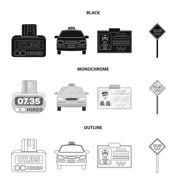 El mostrador de la tarifa en el taxi, el taxi, la placa del conductor, el estacionamiento del coche. Taxi set colección iconos en negro, monocromo, contorno estilo vector símbolo stock ilustración web . — Vector de stock