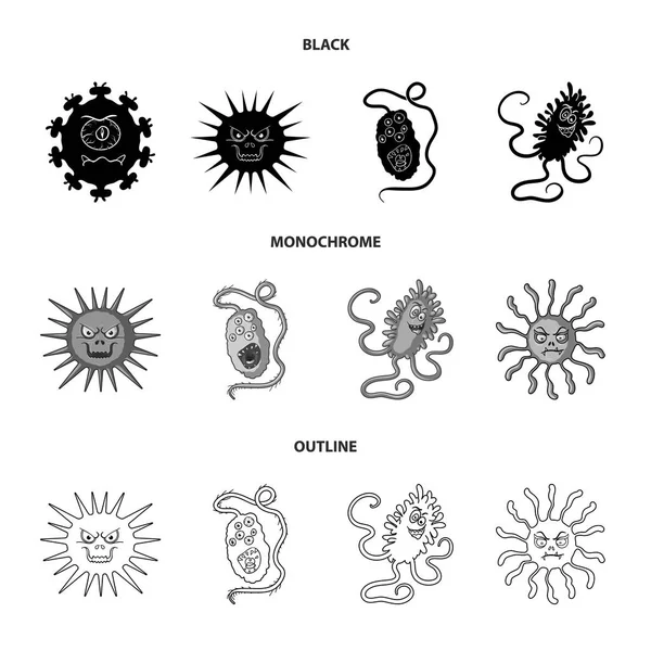 Diferentes tipos de microbios y virus. Los virus y bacterias establecen iconos de colección en negro, monocromo, contorno estilo vector símbolo stock ilustración web . — Vector de stock