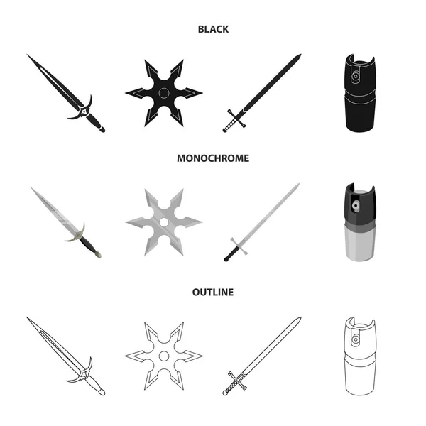 Espada, espada de duas mãos, balão de gás, shuriken. Armas definir ícones de coleção em preto, monocromático, estilo esboço vetor símbolo estoque ilustração web . —  Vetores de Stock