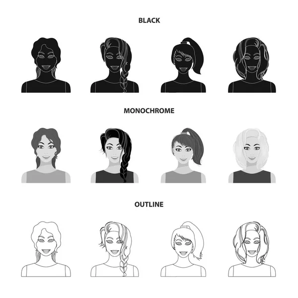 Types de coiffures féminines noir, monochrome, icônes contour dans la collection ensemble pour le design. Apparence d'une femme vecteur symbole stock web illustration . — Image vectorielle