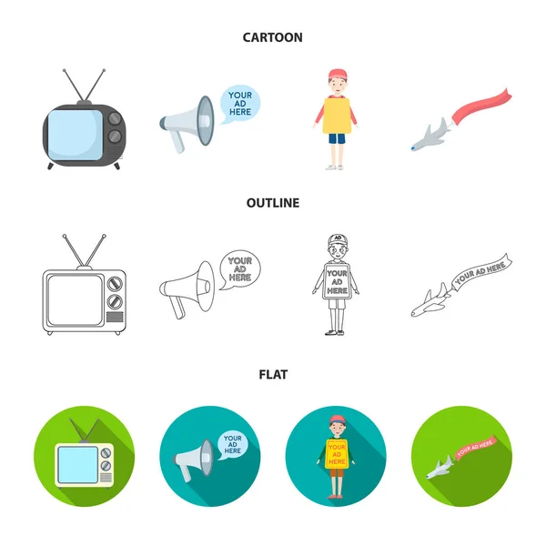 Tv, megaphon, ein mann mit einem poster, ein flugzeug mit einem banner.advertising, set collection icons in cartoon, outline, flat style vektorsymbol stock illustration web. — Stockvektor