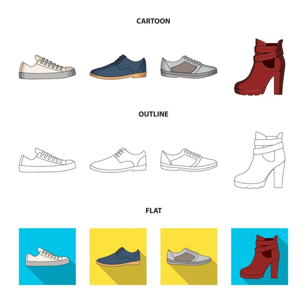 Un ensemble d'icônes sur une variété de chaussures.Différentes chaussures icône unique en dessin animé, contour, plat style vectoriel web symbole illustration stock . — Image vectorielle