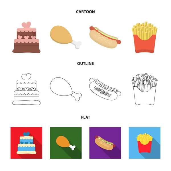 Κέικ, ζαμπόν, χοτ-ντογκ, τηγανιτές πατάτες. Fast food που συλλογή εικονιδίων στο καρτουν, περίγραμμα, επίπεδη στυλ διάνυσμα σύμβολο μετοχής εικονογράφηση web. — Διανυσματικό Αρχείο