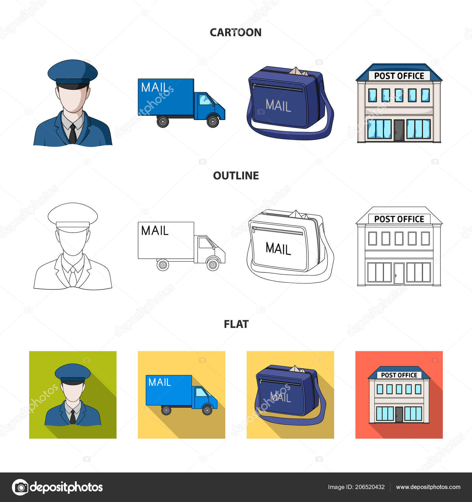 The Postman In Uniform Mail Machine Bag For Correspondence Postal Office Mail And Postman Set Collection Icons In Cartoon Outline Flat Style Vector Symbol Stock Illustration Web Stock Vector C Pandavector