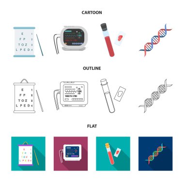 Görme testleri, kan testi, bir Dna kodu, bir EKG Cihazı tablosu. Tıp koleksiyonu Icons set çizgi film, anahat, düz stil vektör simge stok çizim web.