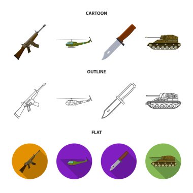 Saldırı tüfeği M16, helikopter, tank, savaş bıçak. Askeri ve ordu koleksiyonu Icons set çizgi film, anahat, düz stil vektör simge stok çizim web.