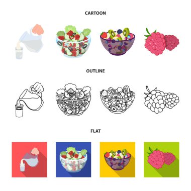 Meyve, sebze salatası ve gıda diğer türleri. Yiyecek toplama Icons set çizgi film, anahat, düz stil vektör simge stok çizim web.