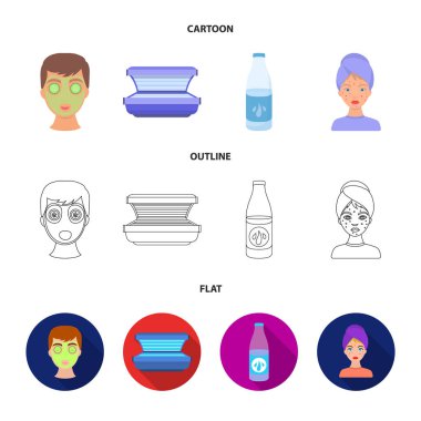 Yüz maskesi, Solaryum, şişe ts lasenom, yüzünde sivilce. Cilt Bakımı koleksiyonu Icons set çizgi film, anahat, düz stil vektör simge stok çizim web.