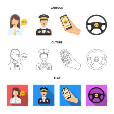 Bir taksi sürücüsü ile bir mikrofon, bir taksi şoförü direksiyonda, bir cep telefonu ile bir sayı, bir araba direksiyon. Taksi koleksiyonu Icons set çizgi film, anahat, düz stil vektör simge stok çizim