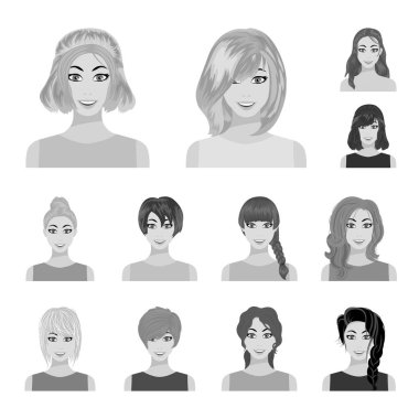Set koleksiyonu tasarım için kadın saç modelleri tek renkli simgeler türleri. Bir kadın vektör simge stok illüstrasyon görünümünü.
