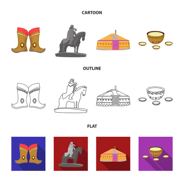 Militaire laarzen, een monument voor de rider, een nationale tent, een melk drinken. Mongolië instellen collectie iconen in de tekenfilm, overzicht, vlakke stijl vector symbool stock illustratie web. — Stockvector