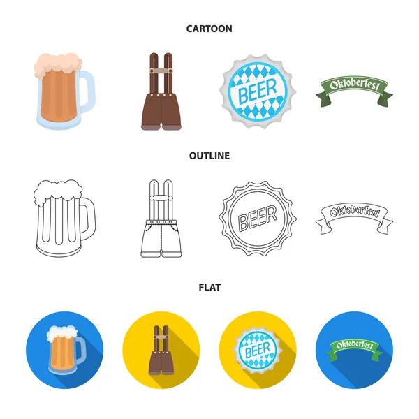 Shorts mit Hosenträgern, ein Glas Bier, ein Schild, ein Emblem. oktoberfest set collection icons in cartoon, outline, flat style vektor symbol stock illustration web. — Stockvektor