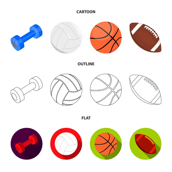 Manubrio blu, pallone da calcio bianco, pallacanestro, rugby. Sport set raccolta icone in cartone animato, contorno, stile piatto vettore simbolo stock illustrazione web . — Vettoriale Stock