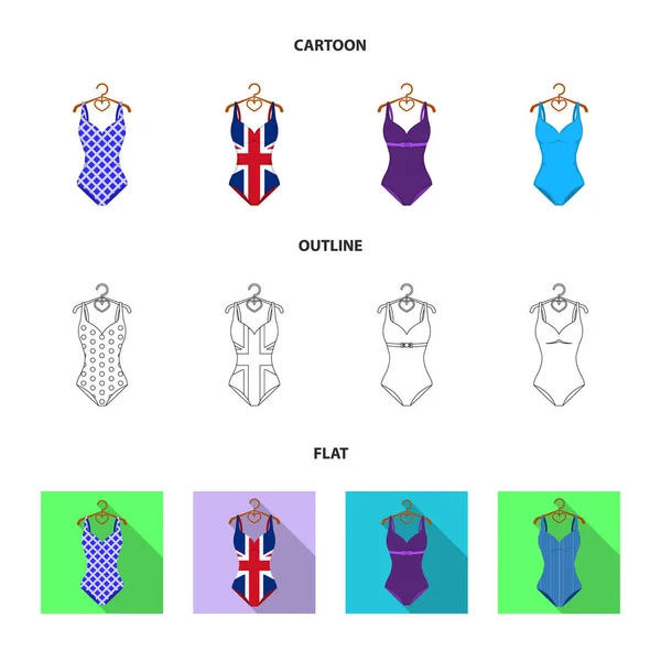 Diferentes tipos de trajes de baño. Trajes de baño conjunto de iconos de colección en dibujos animados, contorno, vector de estilo plano símbolo stock ilustración web . — Archivo Imágenes Vectoriales