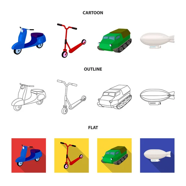 Motocykl, skútr, obrněný transportér, balon typy dopravy. Dopravní nastavení kolekce ikon v karikatuře, obrys, plochý vektor symbol akcií ilustrace web. — Stockový vektor