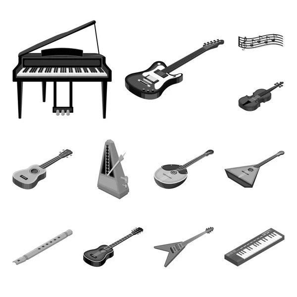 Ícones monocromáticos de instrumentos musicais na coleção de conjuntos para design. Instrumento de corda e vento isométrico vetor símbolo web ilustração . — Vetor de Stock