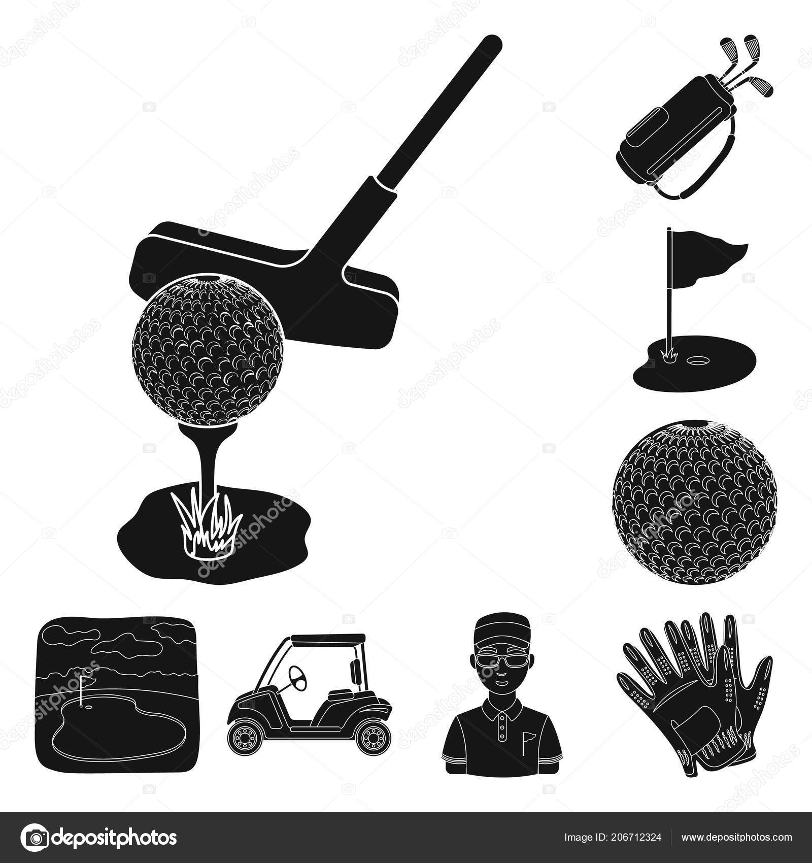 Golfe e atributos ícones pretos na coleção de conjuntos para design