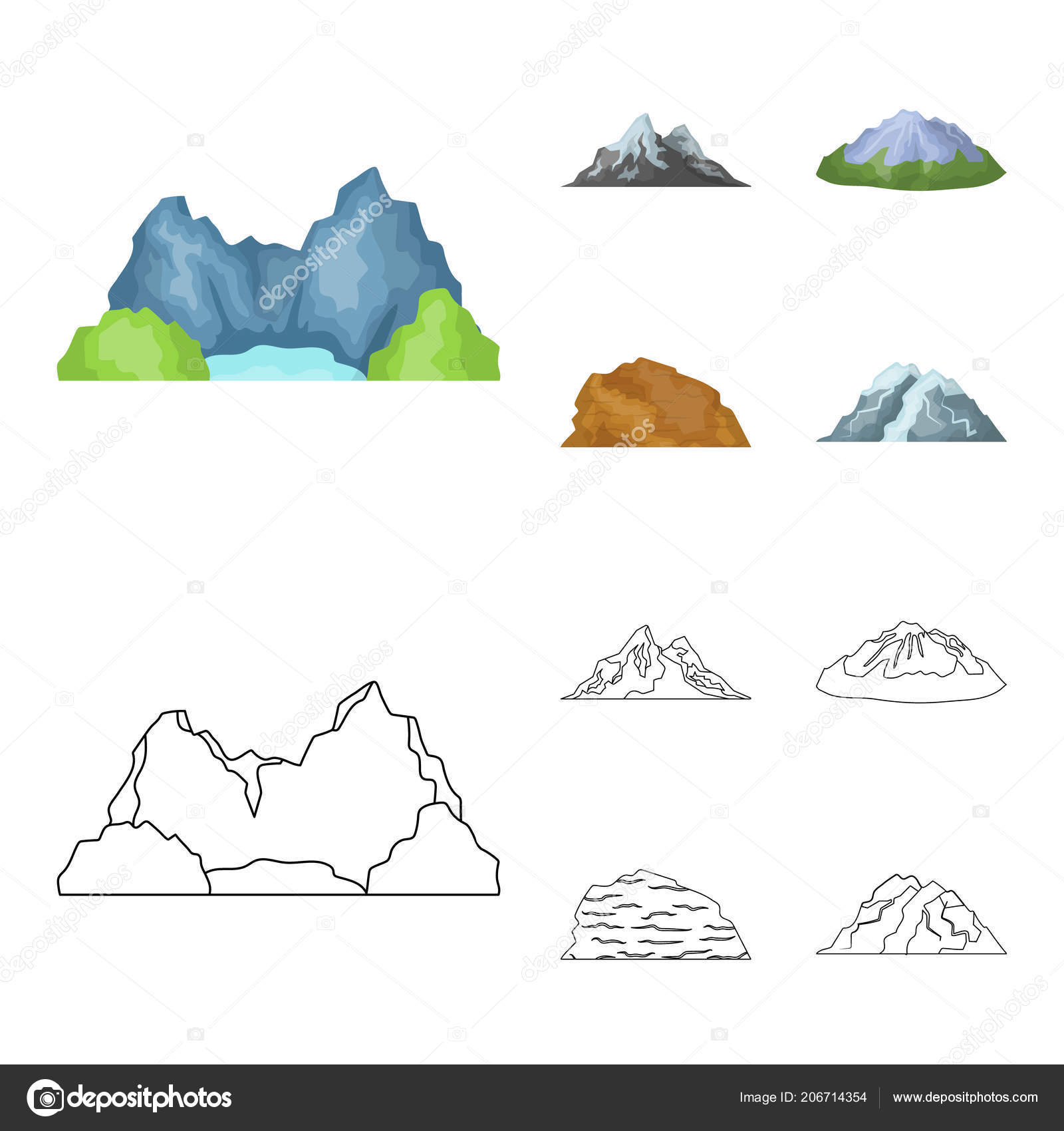 Montañas en el desierto, un pico nevado, una isla con un glaciar, una  montaña nevada. Diferentes montañas set colección iconos en dibujos animados,  contorno estilo vector símbolo stock ilustración web . vector,